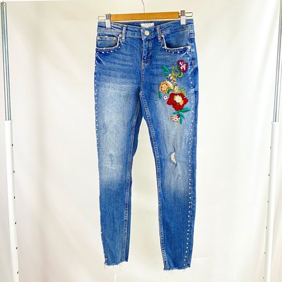 Zara Woman Embroidered Floral Denim Skinny Jeans Size 6